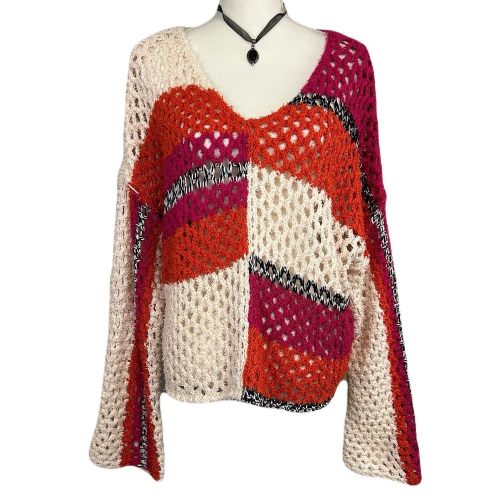 Willow & Root Patchwork Sweater Size L Oversized Open Knit Boxy Boho Festival